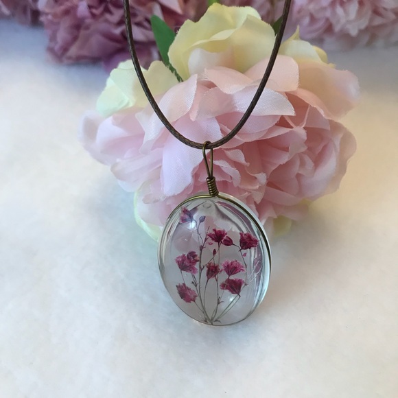 Handmade Dried Pink Flower in Dome Glass Pendant - Picture 7 of 8